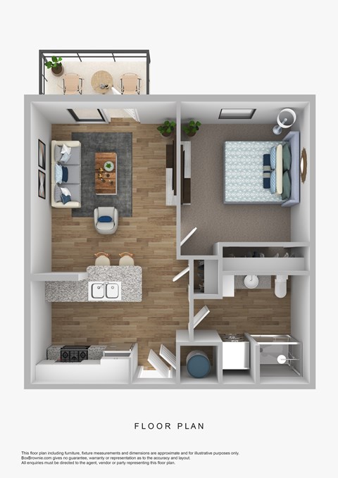 A floor plan of a small apartment with a kitchen, living room, and bedroom.